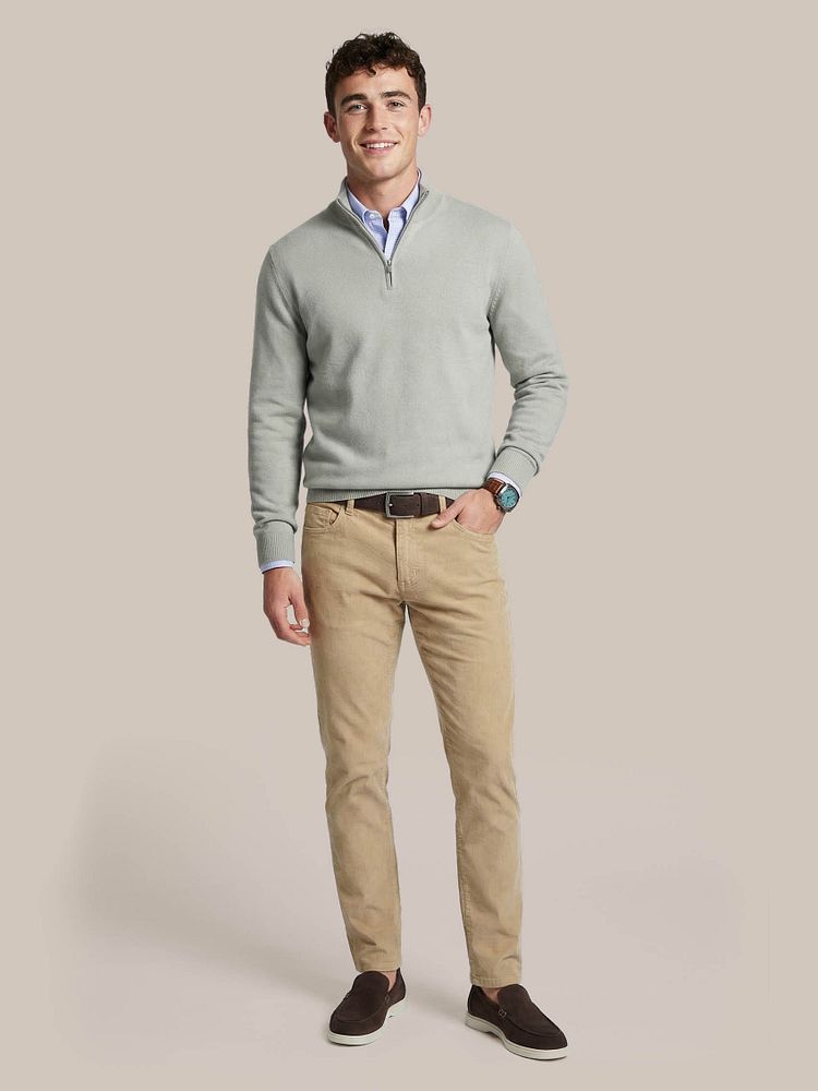 Azul loafers bruin met Chino flemm corduroy beige, Half-zip trui colin grijs, Overhemd checks blauw roze en Riem suede bruin 308