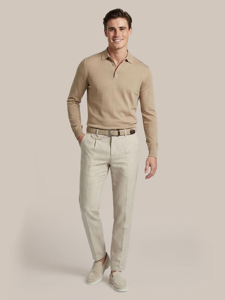 Azul loafers beige met Chino Pico pleat cotton linen pepita beige en Compact cotton poloshirt taupe