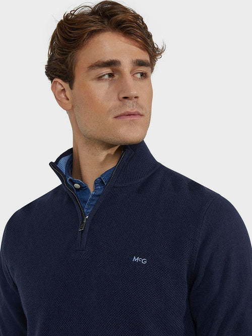 halve rits trui merino blend structure donkerblauw