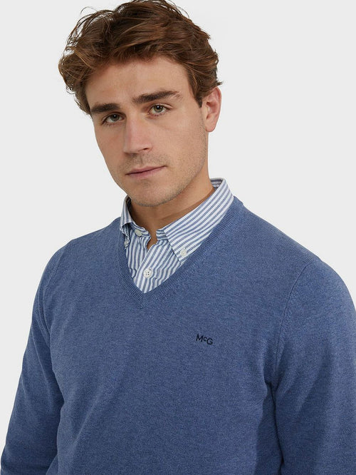Trui merino blend v-hals vintage blauw