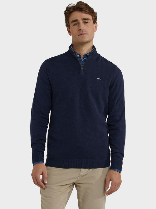 halve rits trui merino blend structure donkerblauw