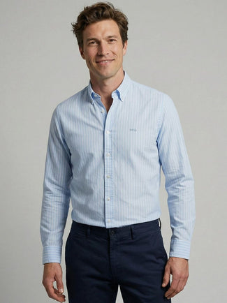 Overhemd cotton linen strepen lichtblauw