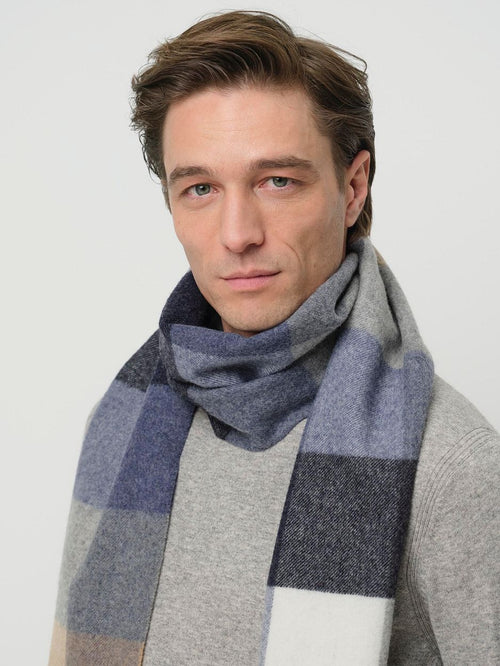 Sjaal wol ruiten blauw grijs beige