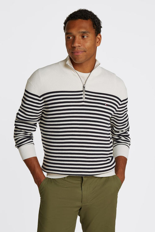 Racking half-zip structure streep wit donkerblauw