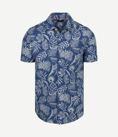 Overhemd short sleeve piqué flower print blauw