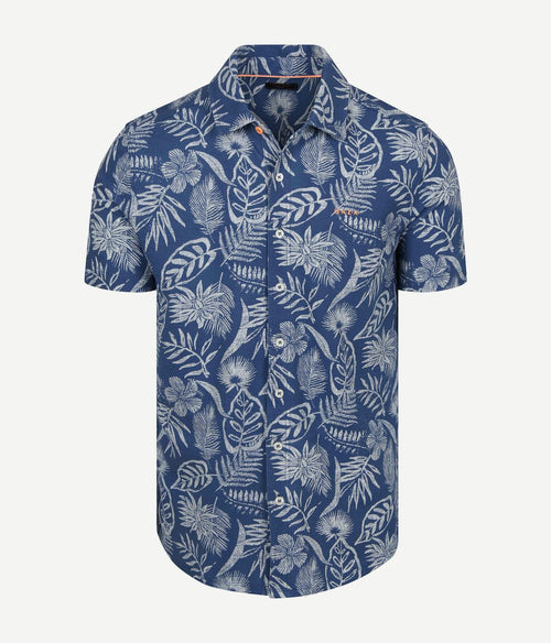 Overhemd short sleeve piqué flower print blauw