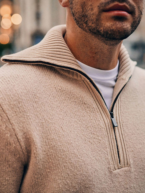 Deep zip pullover boiled wool ecru