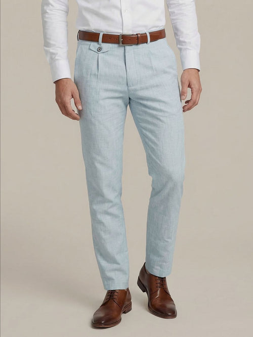 Chino Pico pleat cotton linen glencheck lichtblauw