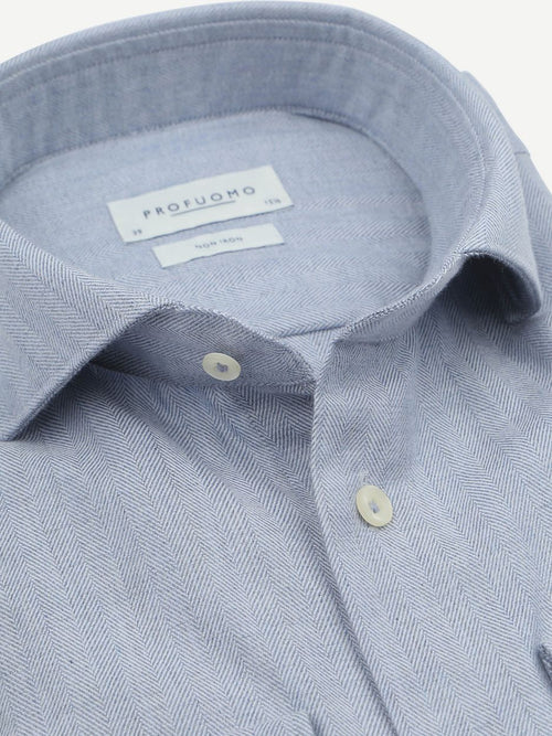 Profuomo overhemd peached herringbone flanel blauw | Slim-fit