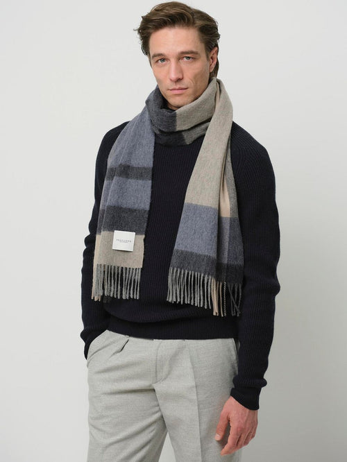 Sjaal wol colourblock blauw grijs beige