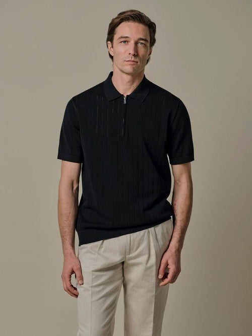Knitted halve rits poloshirt dropneedle donkerblauw