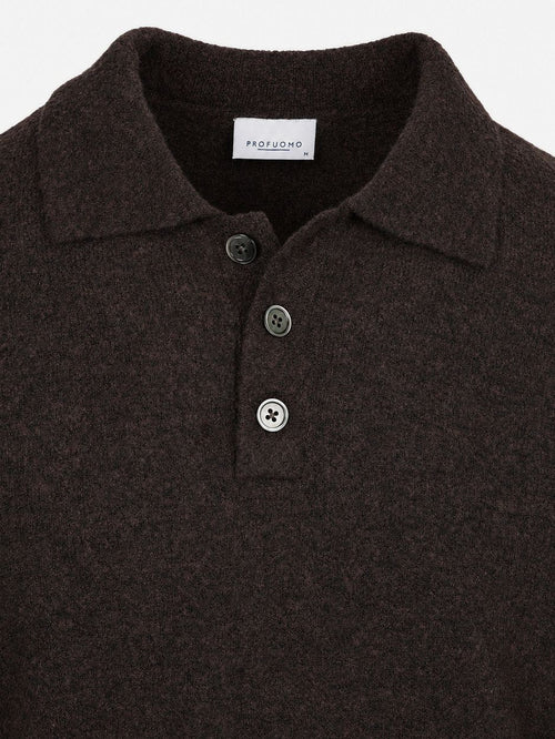 Longsleeve poloshirt boiled wool bruin