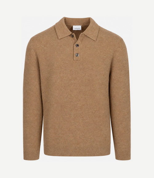 Longsleeve poloshirt boiled wool camel