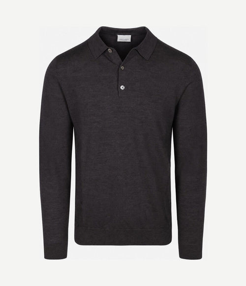 Longsleeve poloshirt merinowol donkerbruin