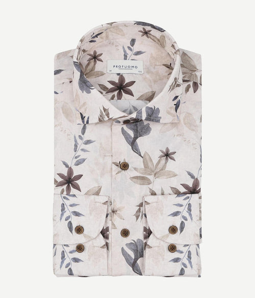 Profuomo overhemd bloemenprint beige | Slim-fit