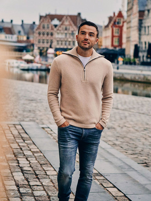 Deep zip pullover boiled wool ecru