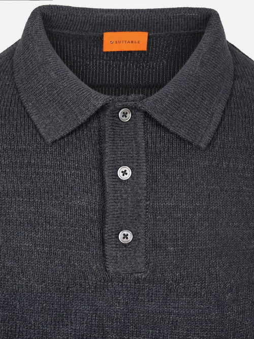 Button longue melange poloshirt donkerblauw