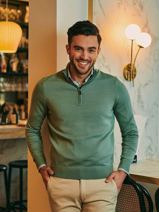 Suitable merino halve rits trui mid groen | Slim-fit