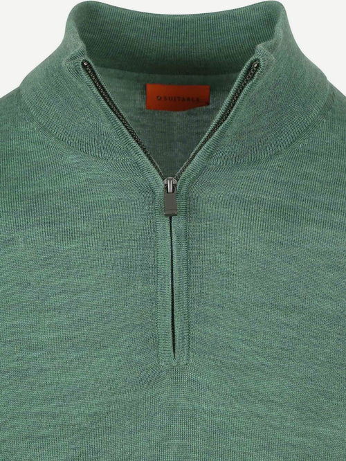 Suitable merino halve rits trui mid groen | Slim-fit