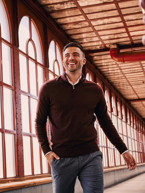 Merino halve rits trui bordeaux