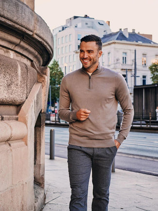Merino halve rits trui bright taupe