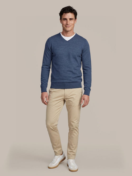 Merino pullover v-hals denim blauw