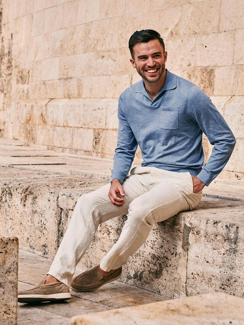 Longsleeve knitted poloshirt riva pocket lichtblauw