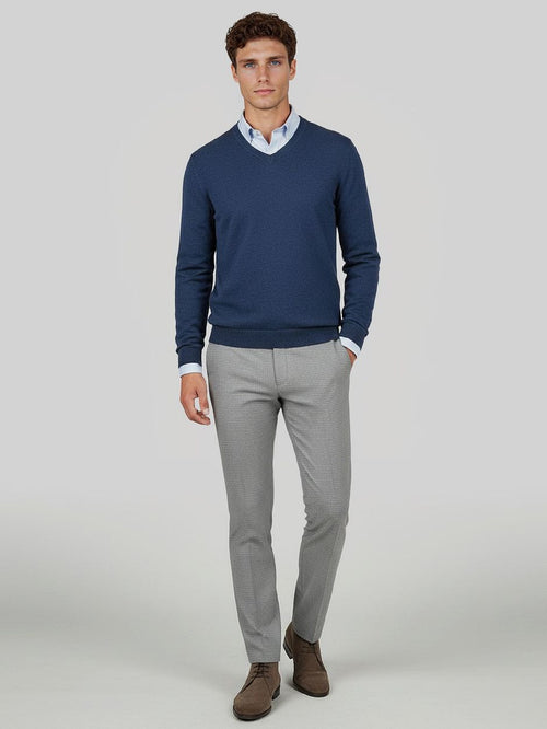 Pullover v-hals merinowol mid blauw