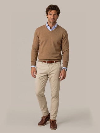 Pullover v-hals merinowol praline