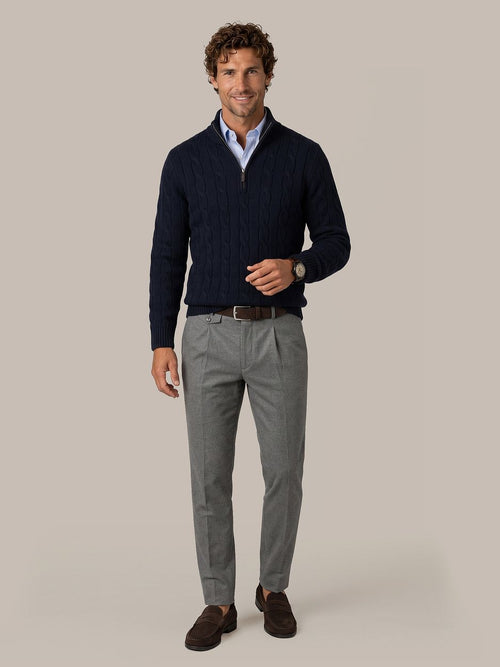 Lau pull merino halve rits cable donkerblauw