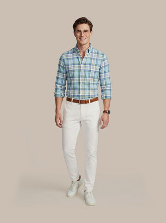 Overhemd linen cotton checks blauw groen