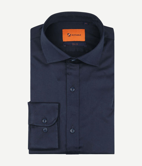Suitable satin overhemd donkerblauw | Slim-fit