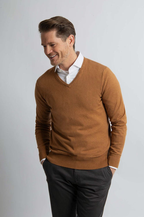 Trui cotton cashmere v-hals camel