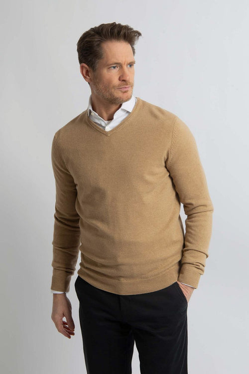 Pullover v-hals merinowol beige
