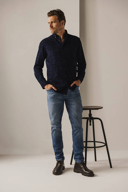 State of Art overhemd fine corduroy ruit donkerblauw | Regular-fit