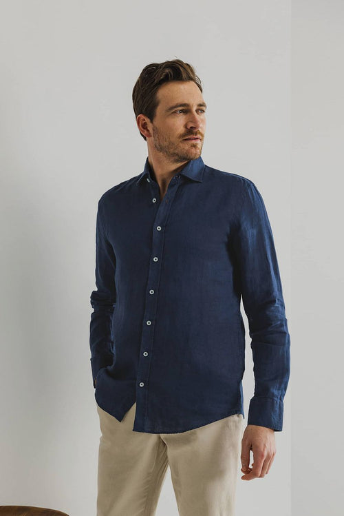 State of Art overhemd linnen donkerblauw | Regular-fit