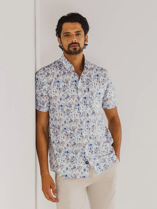 State of Art short sleeve poplin overhemd beige blauw | Regular-fit