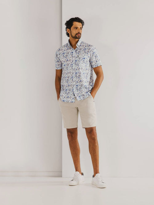 State of Art short sleeve poplin overhemd beige blauw | Regular-fit