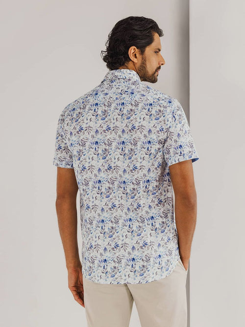 State of Art short sleeve poplin overhemd beige blauw | Regular-fit