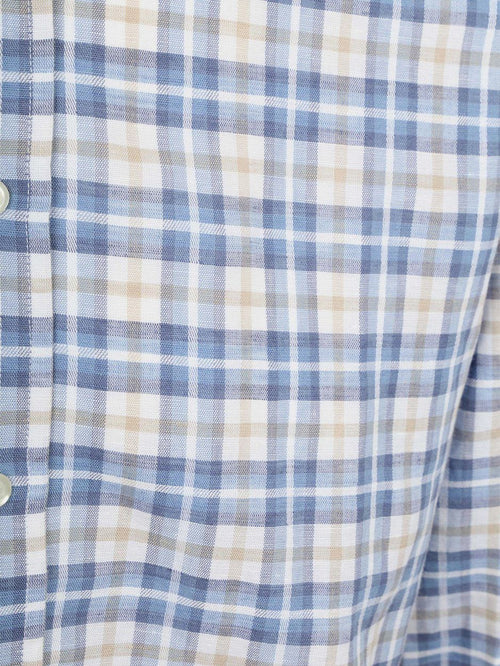 Overhemd linen cotton checks blauw sand