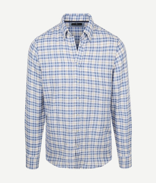 Overhemd linen cotton checks blauw sand