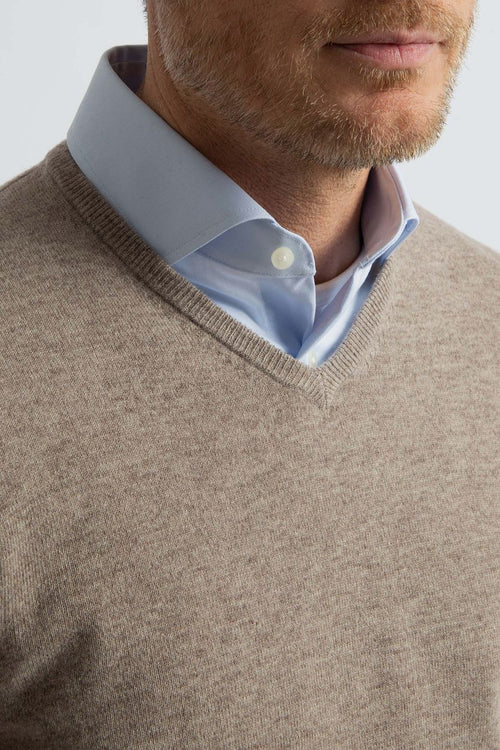 Pullover v-hals merinowol lichtbruin