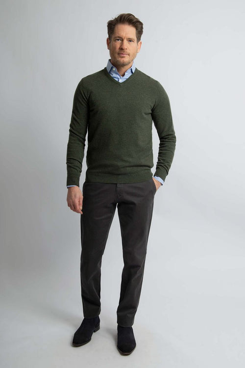 Pullover v-hals merinowol olijfgroen