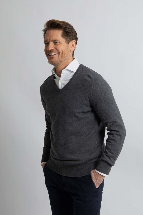 Trui cotton cashmere v-hals antraciet melange