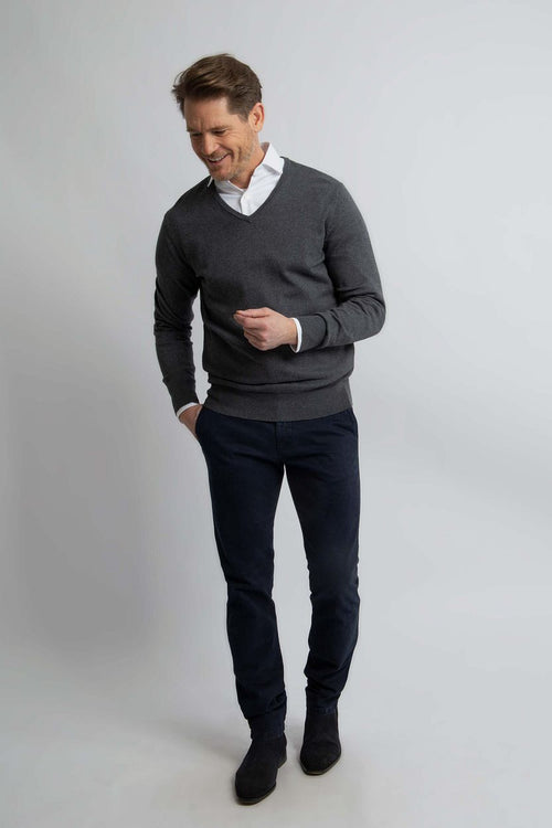 Trui cotton cashmere v-hals antraciet melange