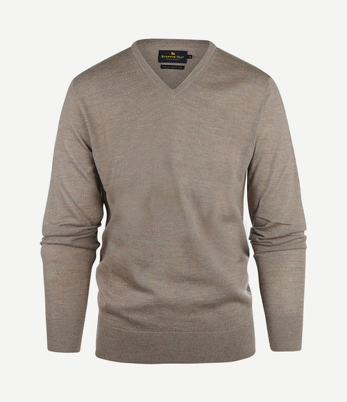 Trui v-hals merinowol taupe