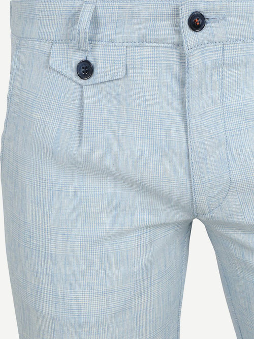 Chino Pico pleat cotton linen glencheck lichtblauw