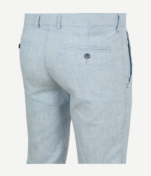 Chino Pico pleat cotton linen glencheck lichtblauw