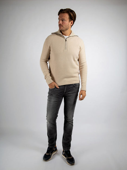 Deep zip pullover boiled wool ecru