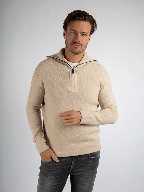 Suitable deep zip pullover boiled wool ecru